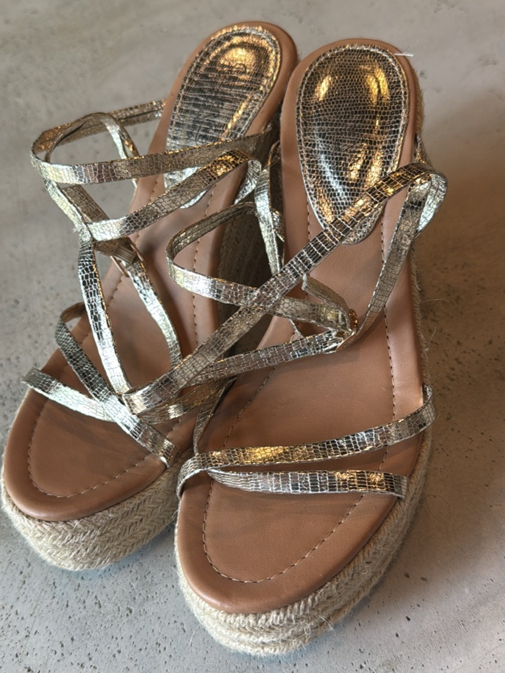 Catherine Malandrino Metallic Gold Strappy Espadrille Wedge Sandals